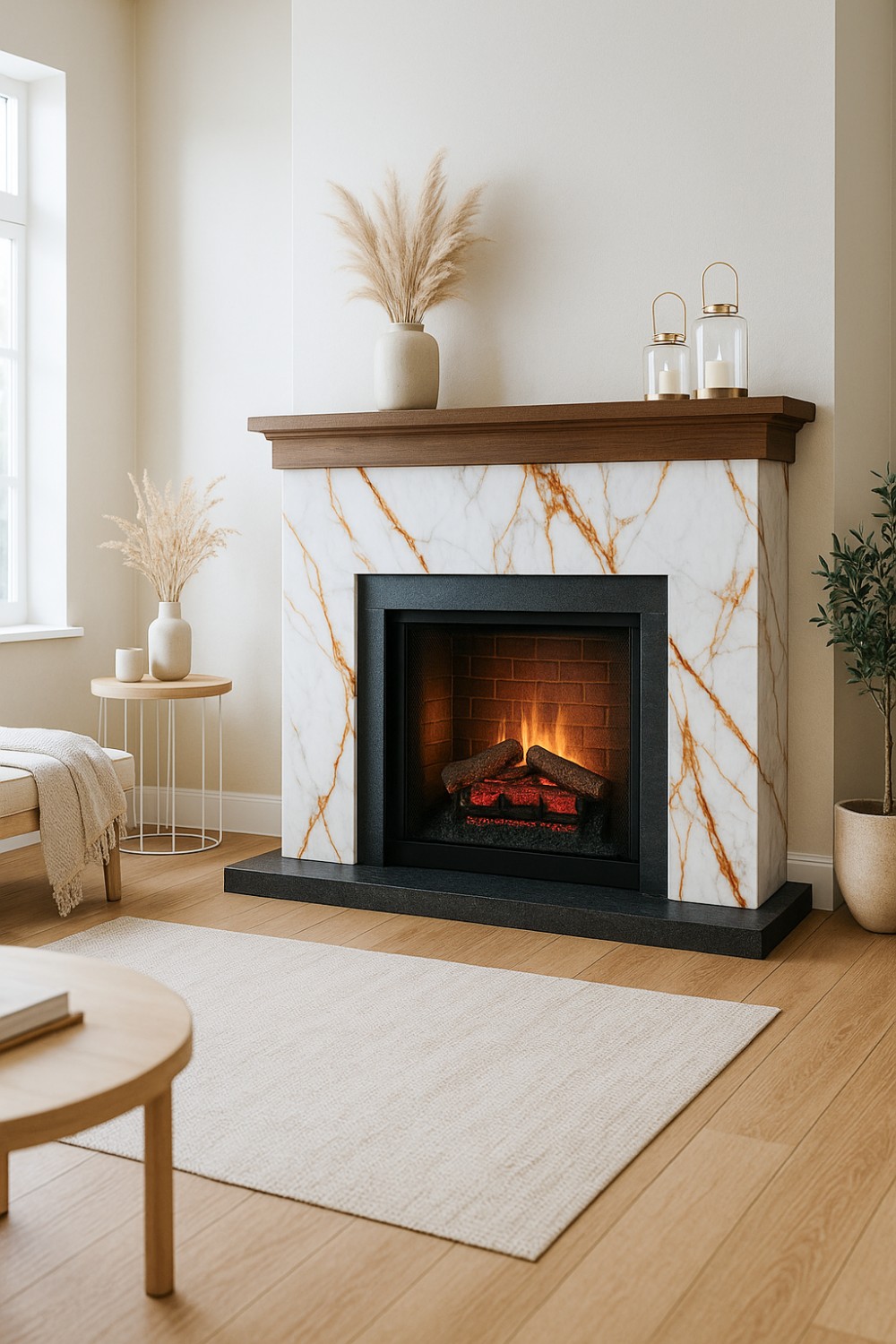 Fireplace with the pure tones of gold